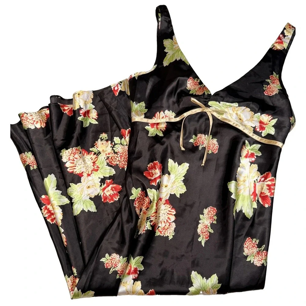 Jones New York Gown Womens Medium Black Floral Satin Chemise Adjustable Strap